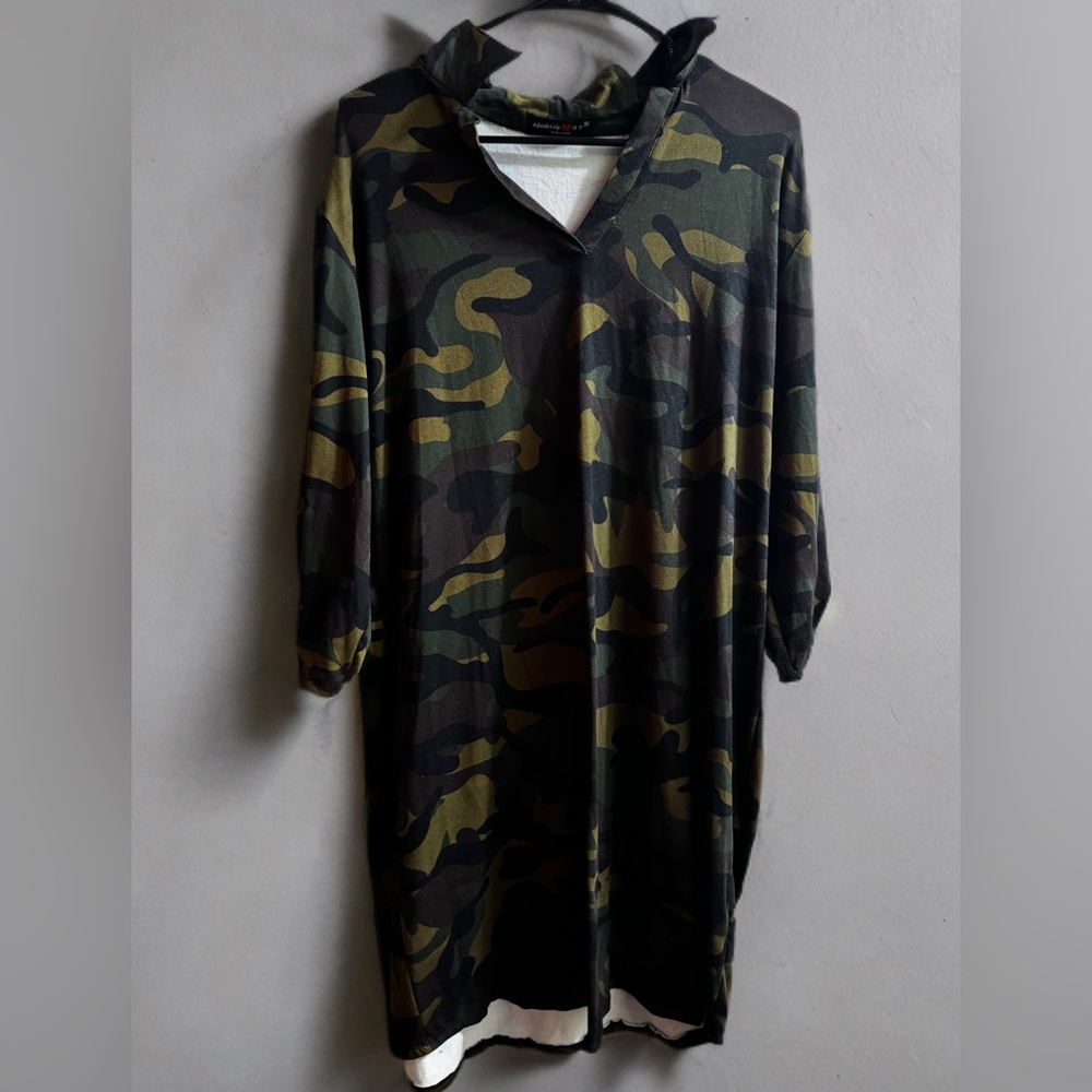 Green and Brown Long Sleeve Camouflage Dress